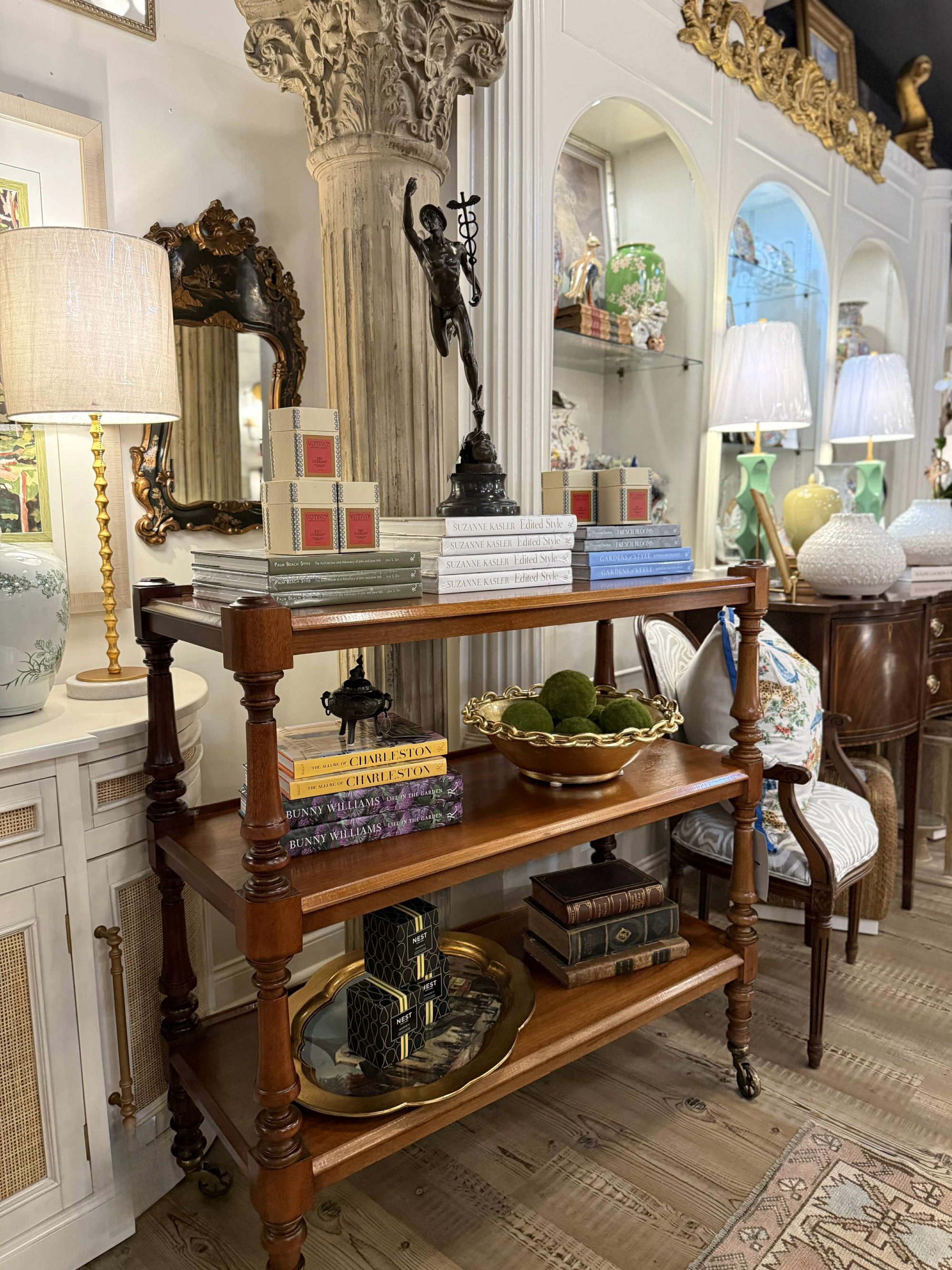 Books, lamps and candles displayed at Fifth Street Interiors in Tifton, Georgia