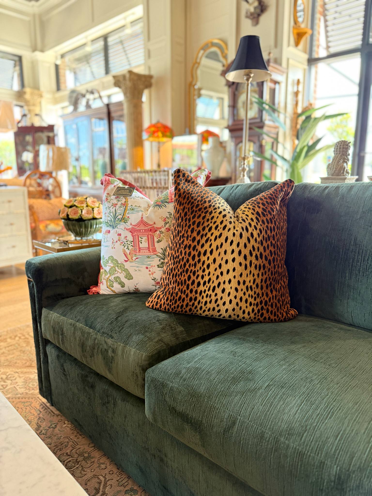Patterned upholstery and curated accents in the showroom